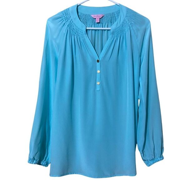 Lilly Pulitzer Silk Blue Long Sleeve Elsa Top - Picture 4 of 9